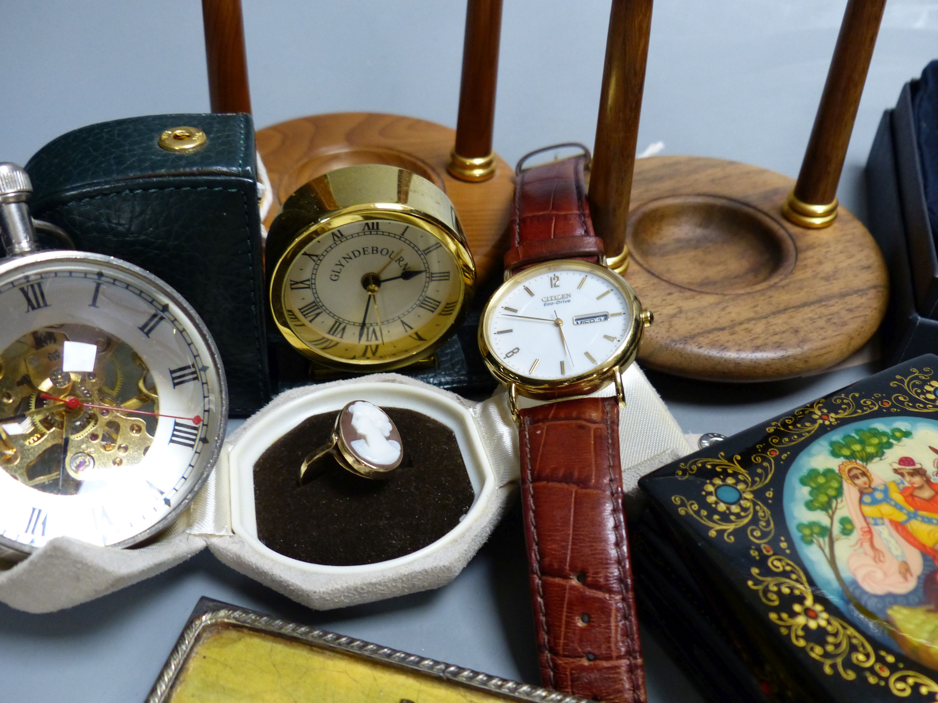 A gentleman's Citizen Eco-Drive wristwatch, two modern pocket watches and stands, various costume jewellery and other items